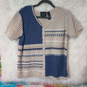 Crazy Horse Tan Blue and White Ribbed Short Sleeve Sweater Size XL
